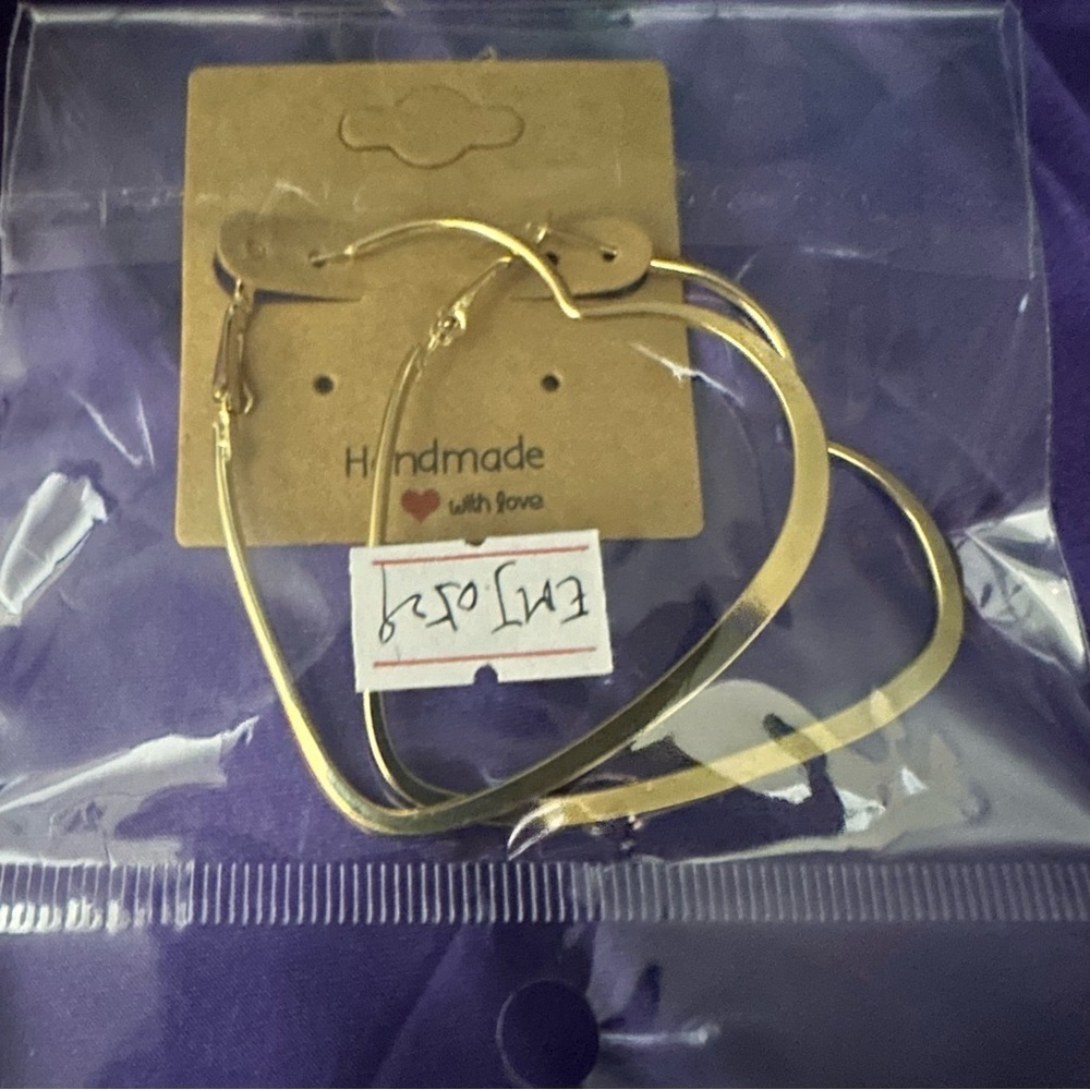 Gold Heart Hoop Drop Earrings Minimalist 2.25 Inch - Picture 10 of 13
